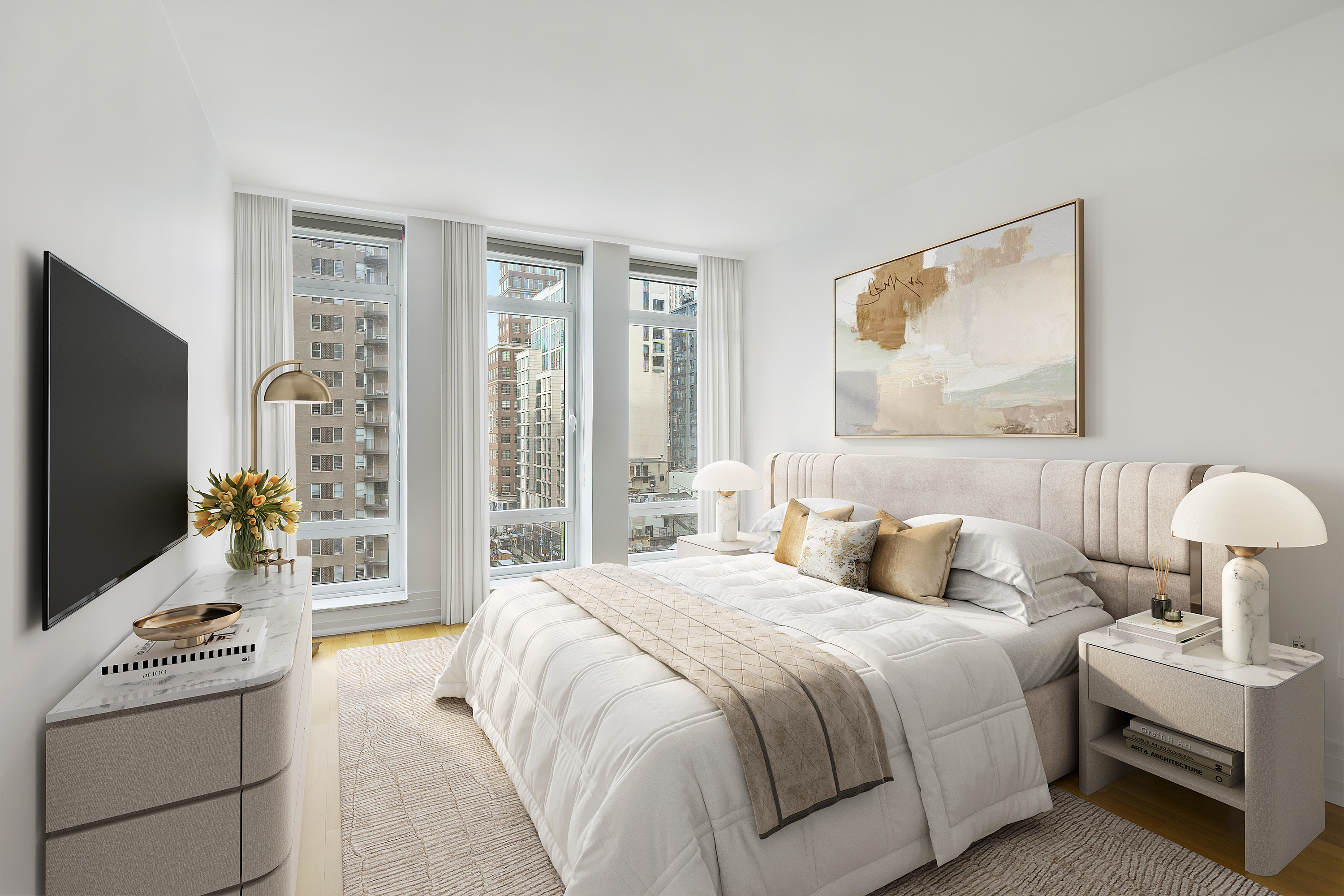205 East 85th Street, Unit 12H Manhattan, NY 10028 - Photo 4 of 19 a bedroom with a bed and a flat screen tv