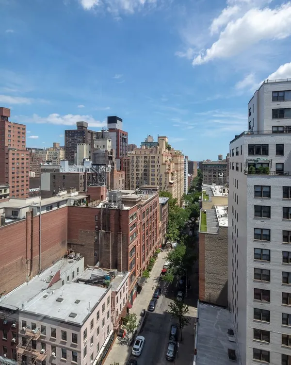 a city view with tall buildings