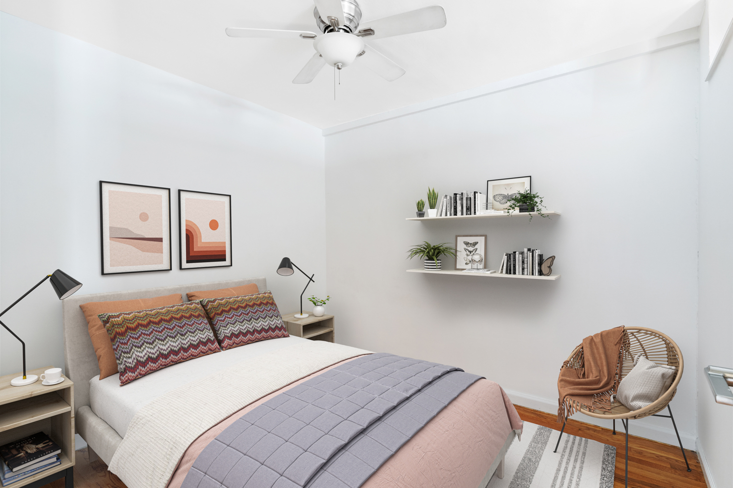 165 Christopher Street, Unit 5CC Manhattan, NY 10014 - Photo 5 of 13 a bedroom with a bed and a chandelier