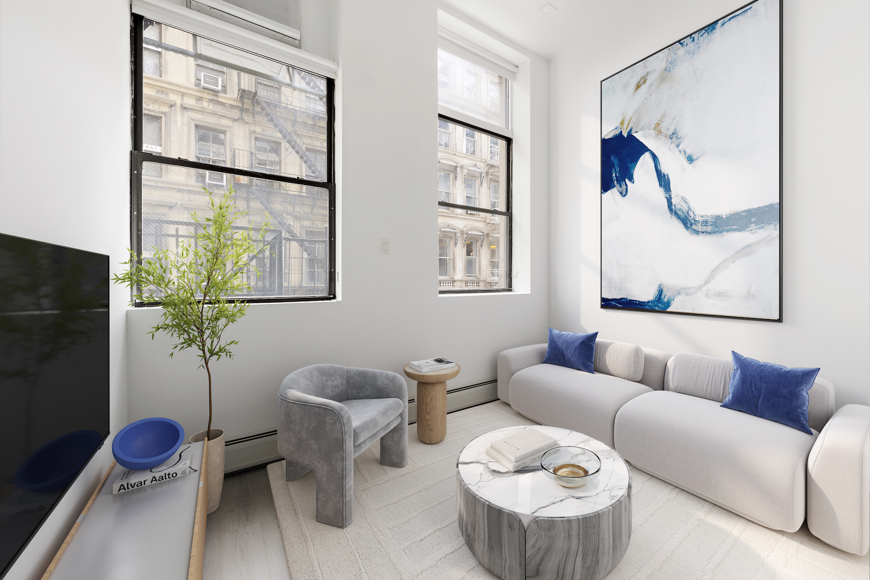 74 Leonard Street, Unit 2D Manhattan, NY 10013 - Photo 1 of 8 a living room with furniture and a window