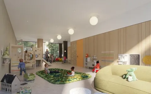 a living room with furniture and a table