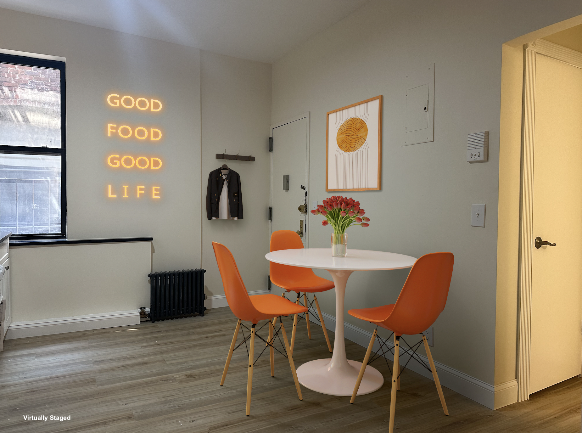 458 West 57th Street, Unit 4FE Manhattan, NY 10019 - Photo 9 of 13 a dining room with furniture and wooden floor
