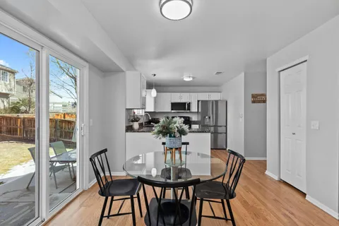 a view of a dining room with furniture window and wooden floor