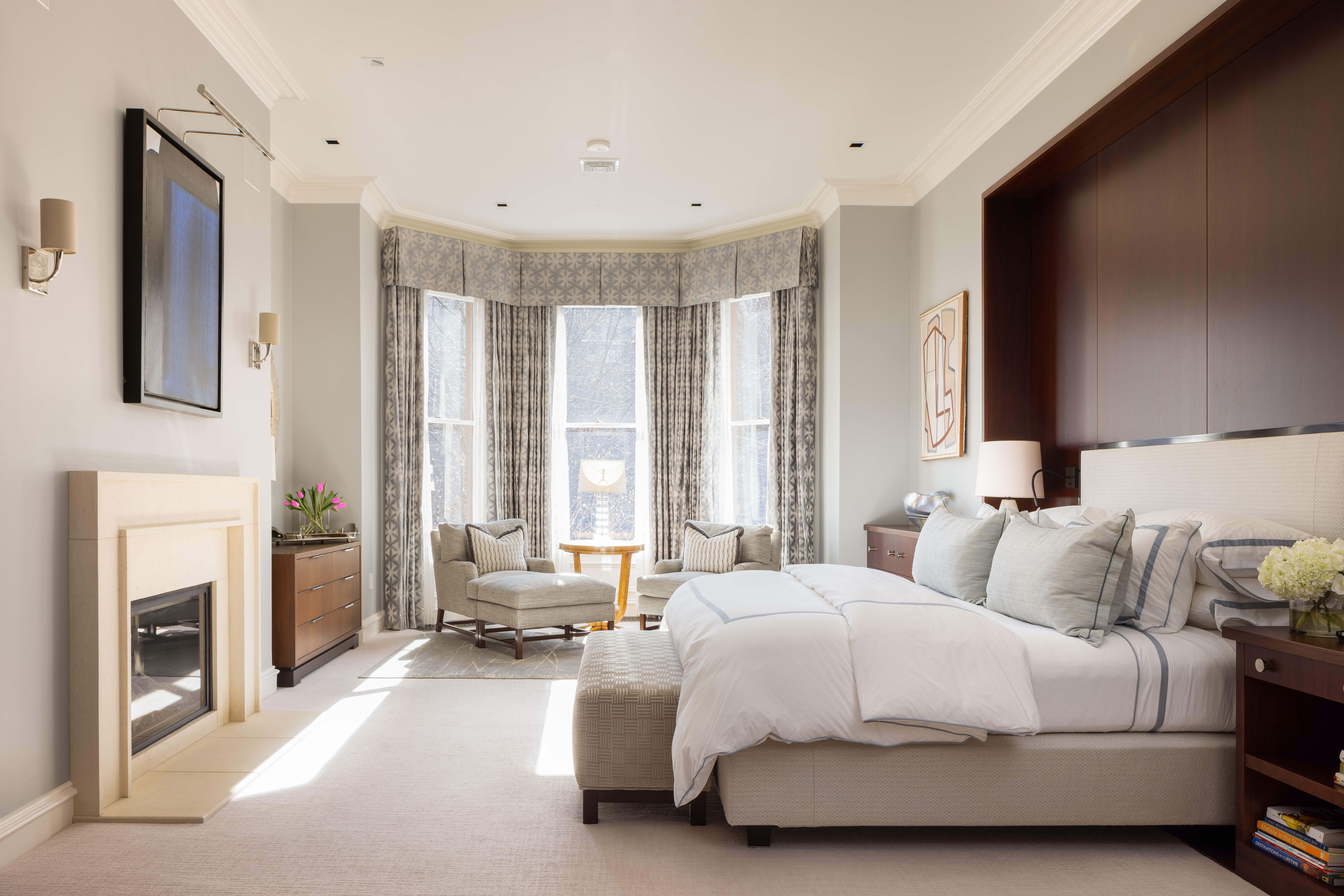 55 Commonwealth Avenue Boston, MA 02116 - Photo 7 of 13 a spacious bedroom with a balcony a bed and a fireplace