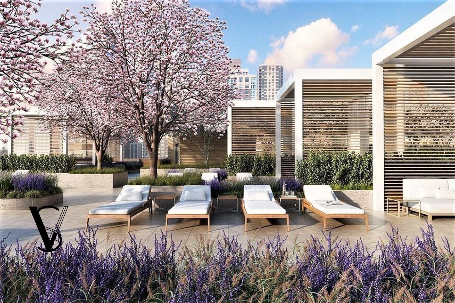 1 West End Avenue, Unit 28C Manhattan, NY 10023 - Photo 19 of 26 a view of a patio with couches table and chairs and wooden fence