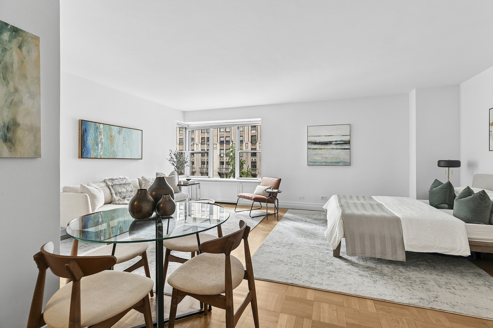 a living room with a couch and a table