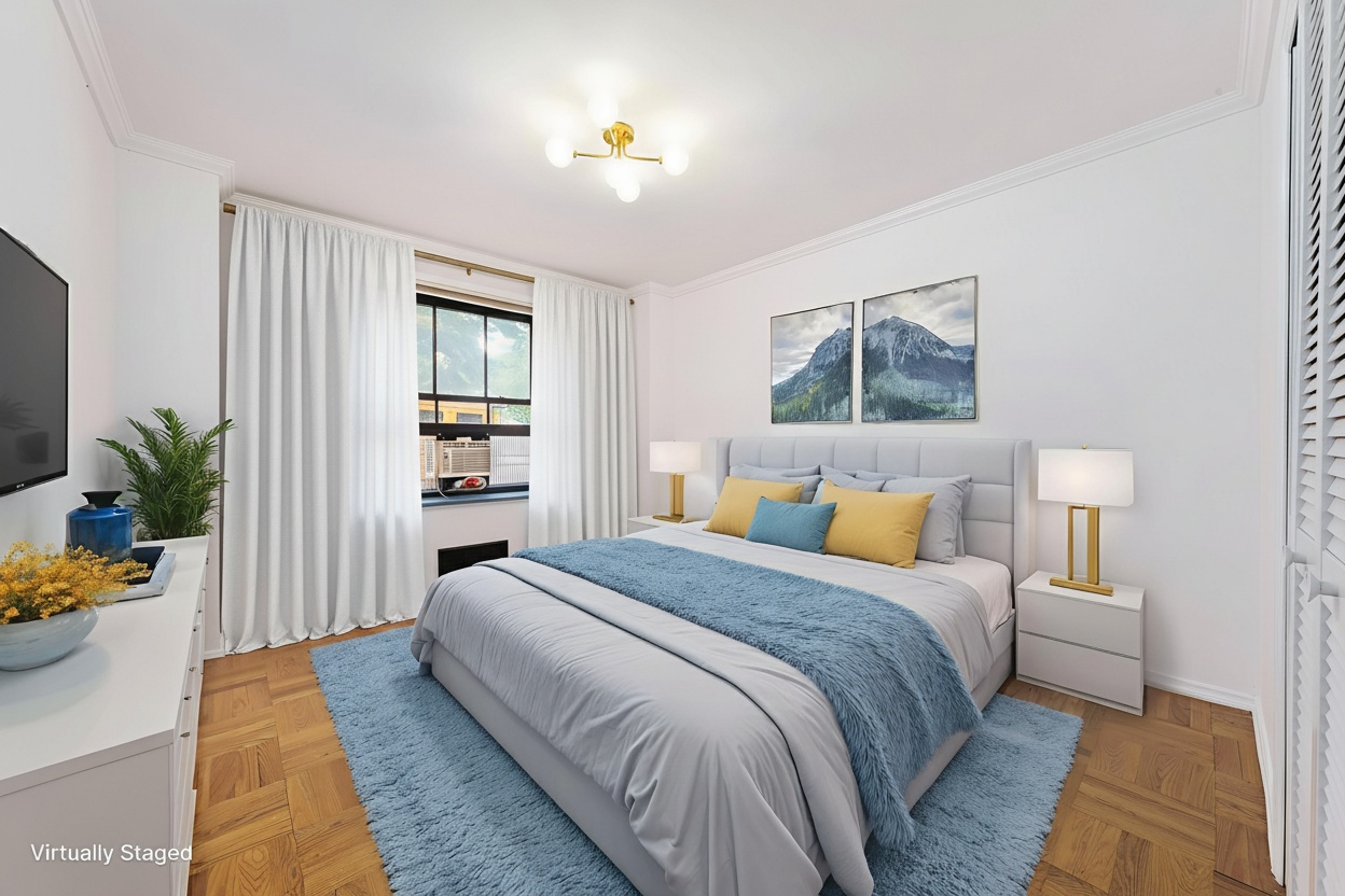 355 Clinton Avenue, Unit F1 Brooklyn, NY 11238 - Photo 10 of 20 a spacious bedroom with a bed and a potted plant