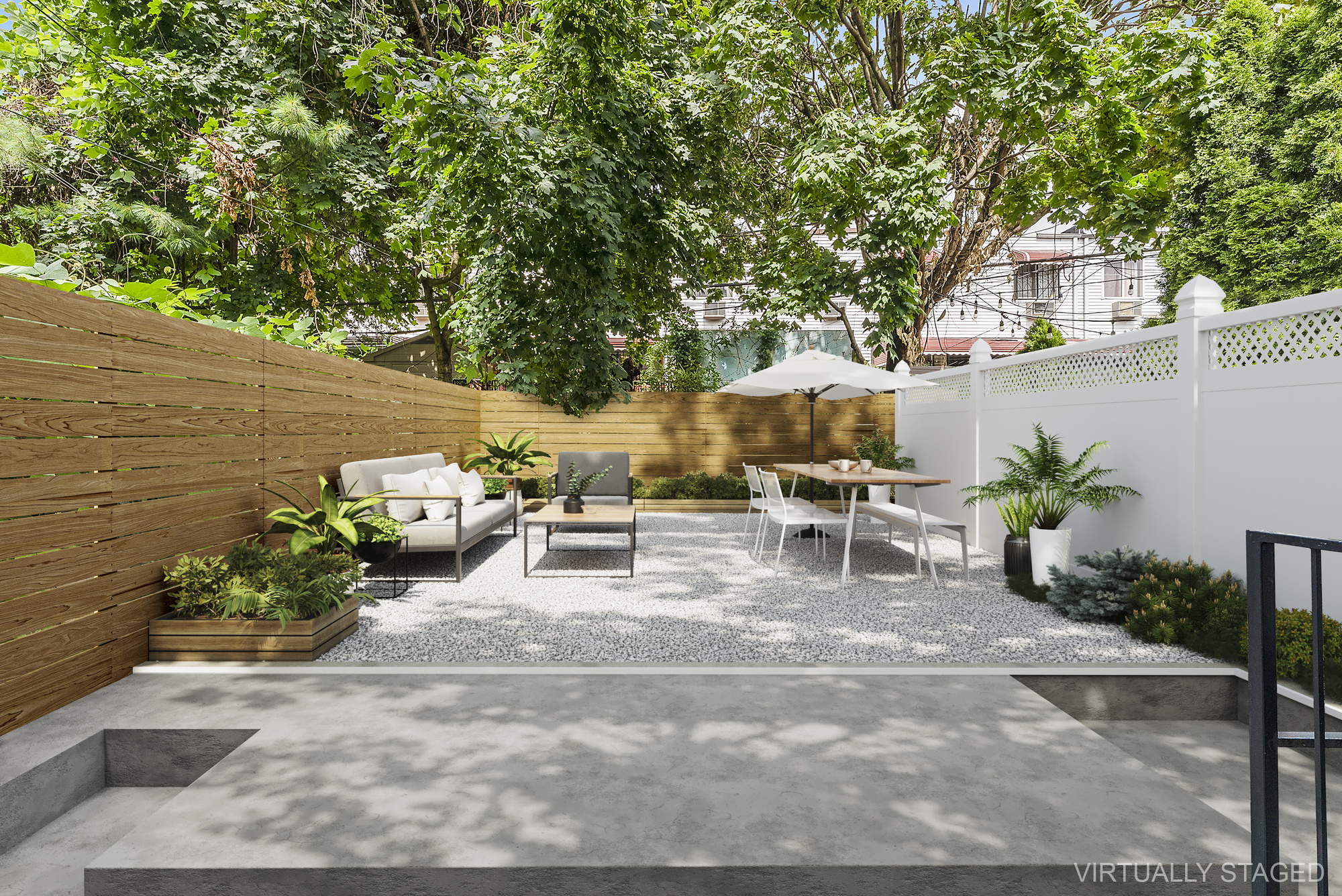 a view of a chairs and tables in the backyard