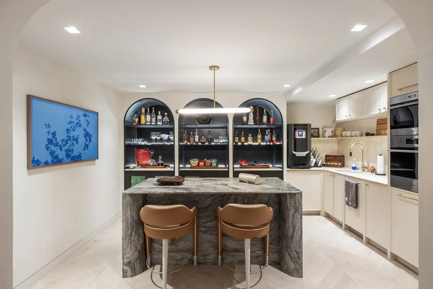 a view of a patio with plants and table