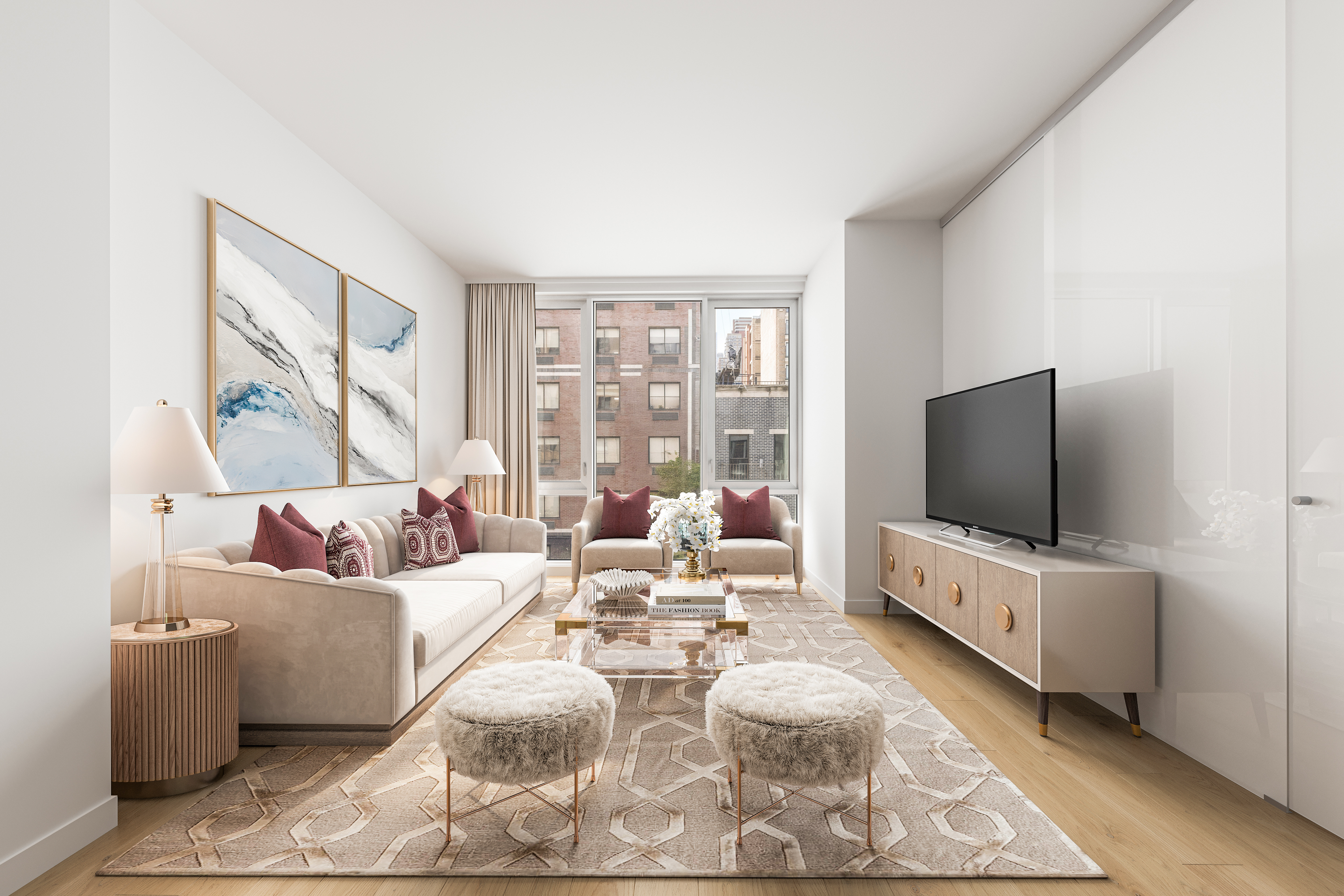 540 West 49th Street, Unit 506S Manhattan, NY 10019 - Photo 2 of 9 a living room with furniture and a flat screen tv