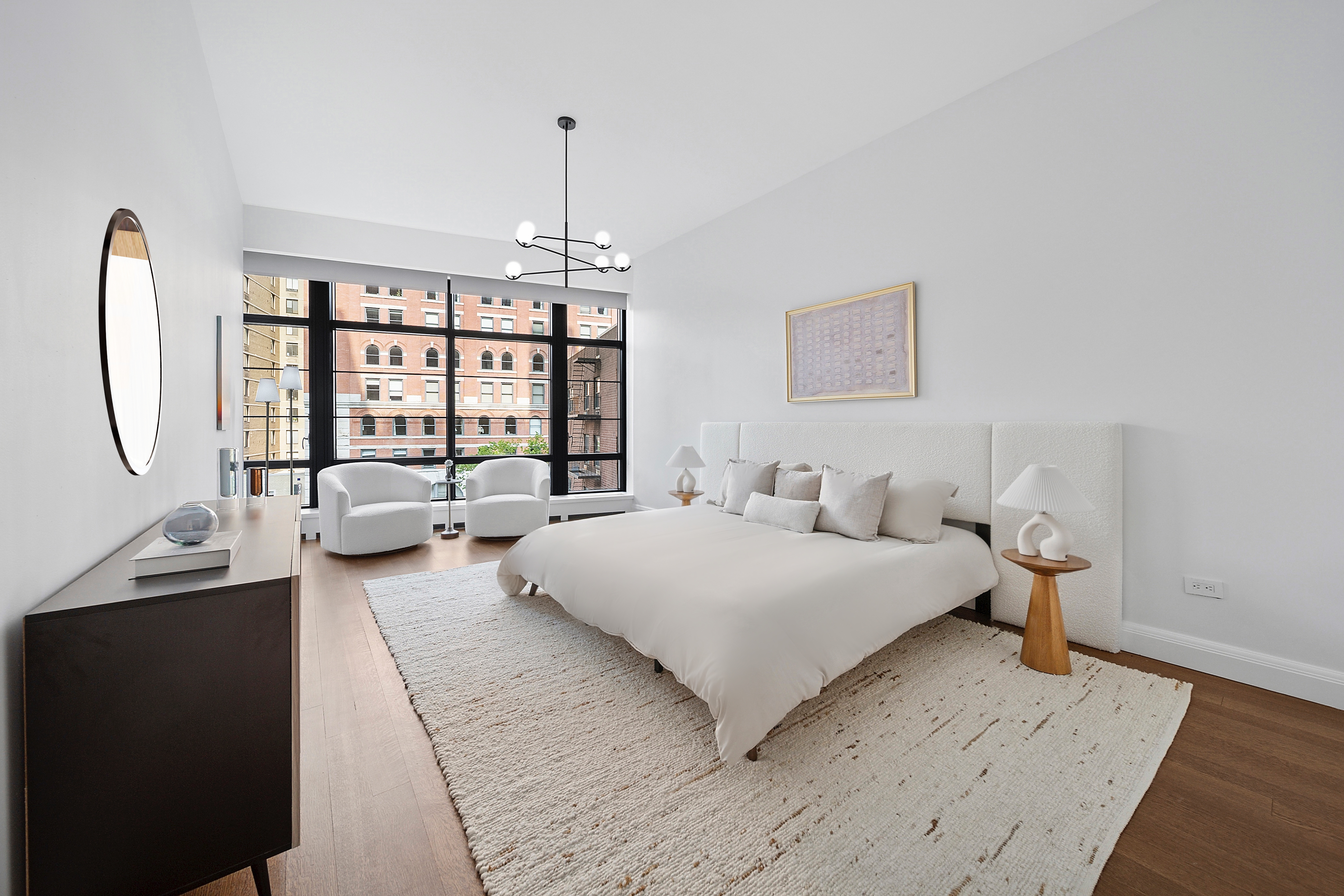 150 Charles Street, Unit 4AN Manhattan, NY 10014 - Photo 6 of 19 a spacious bedroom with a bed a table and large windows