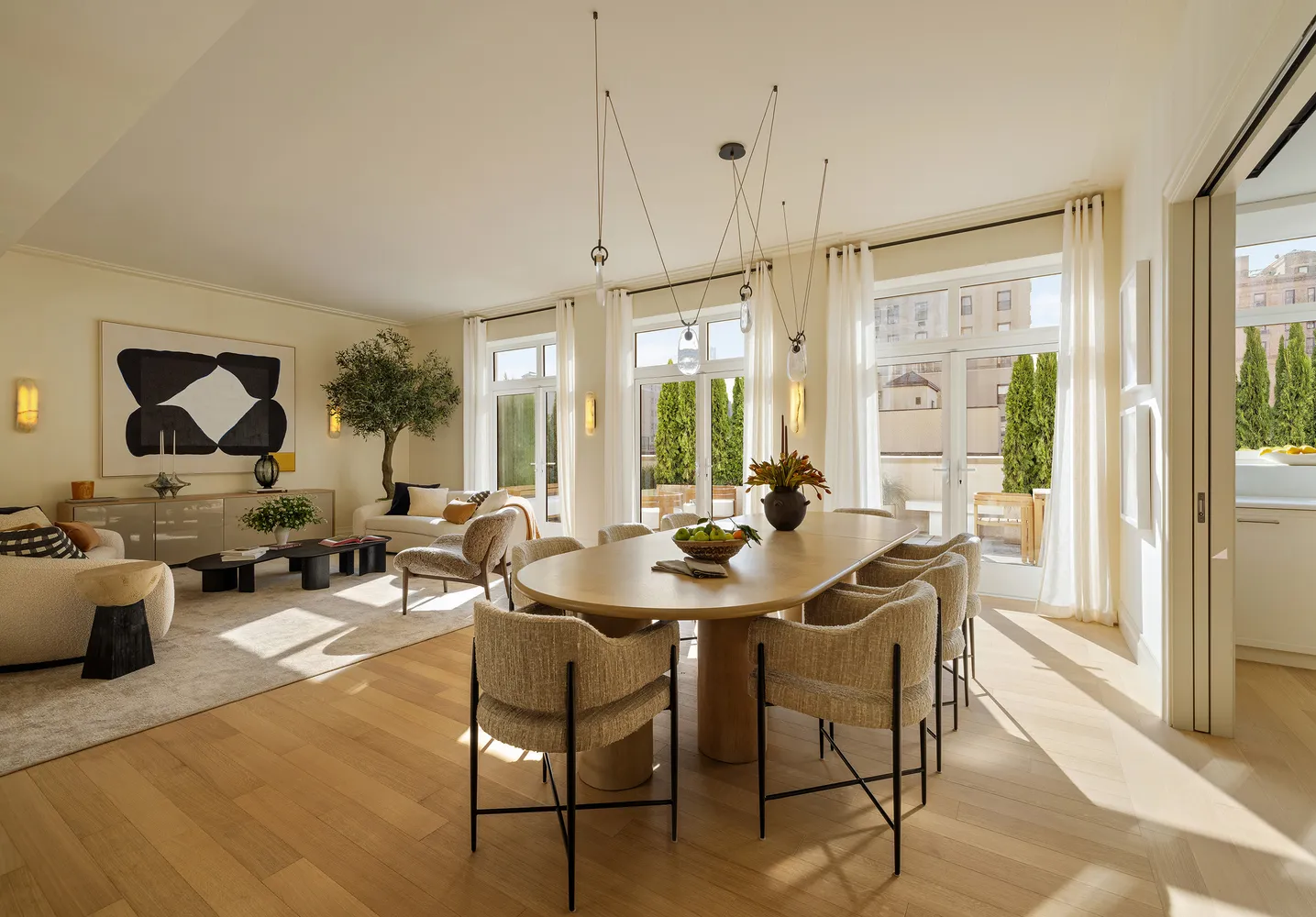 a view of a dining room with furniture window and outside view
