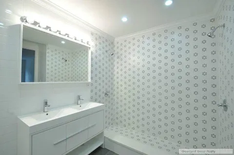 a bathroom with a sink mirror and a shower