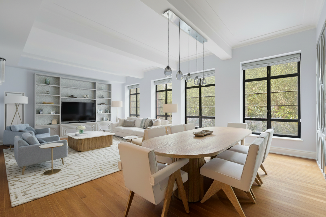 a dining room with furniture window and wooden floor