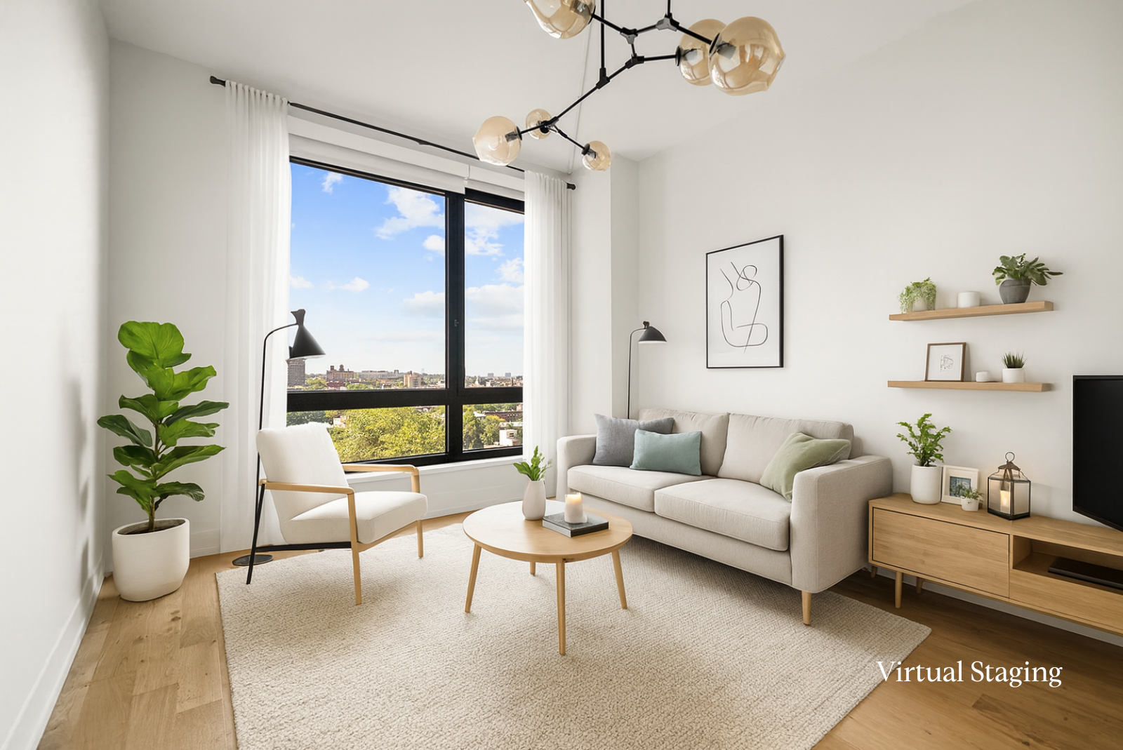 a living room with furniture and a potted plant