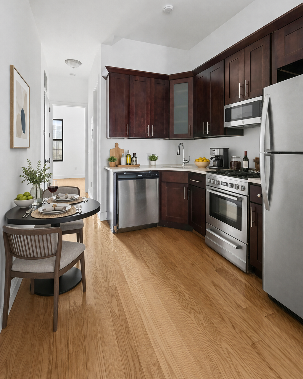 1423 Dekalb Avenue, Unit 2I Brooklyn, NY 11237 - Photo 3 of 5 a kitchen with granite countertop stainless steel appliances a stove a sink a microwave and a refrigerator