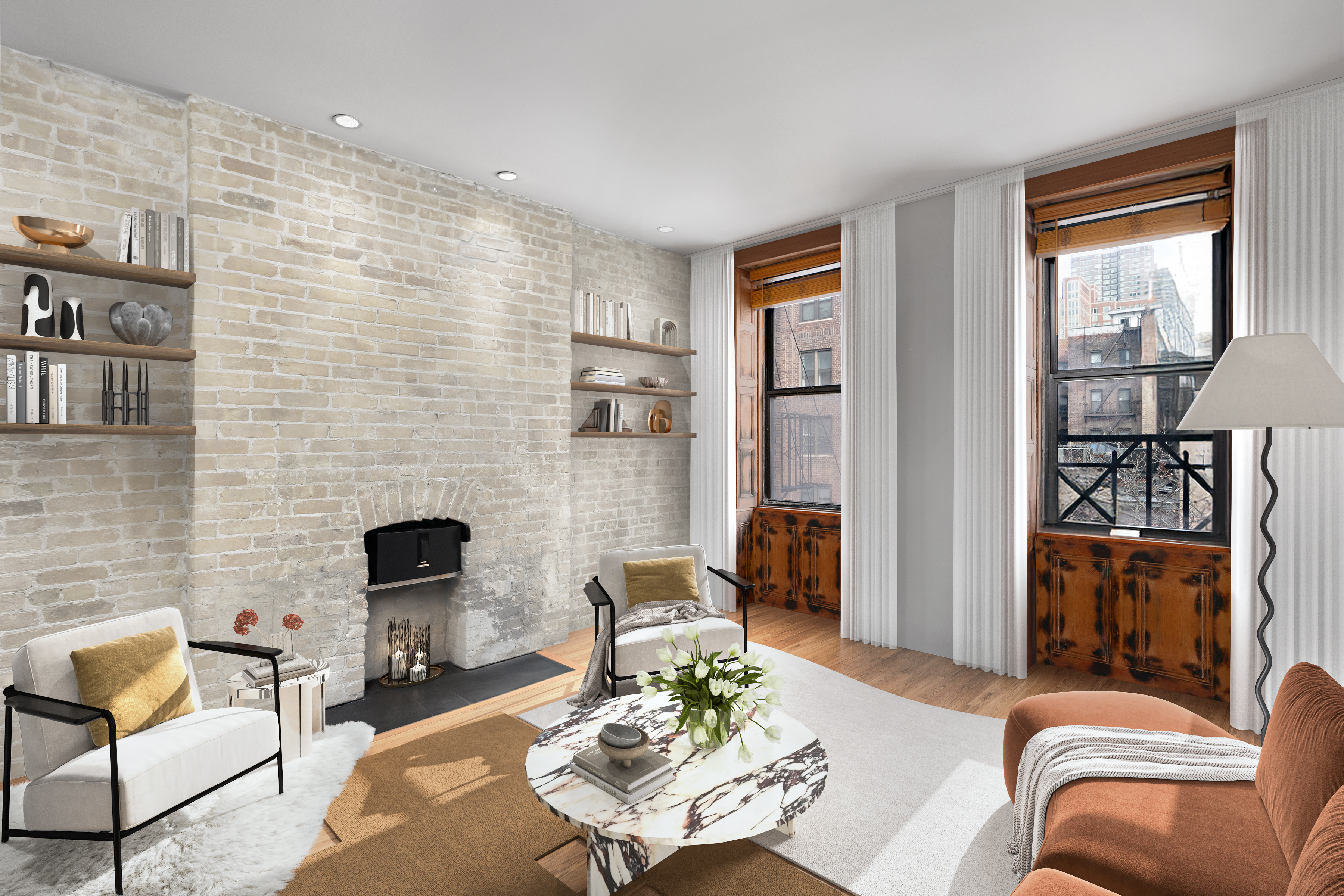 218 East 82nd Street, Unit 4FW Manhattan, NY 10028 - Photo 1 of 9 a living room with furniture and a fireplace