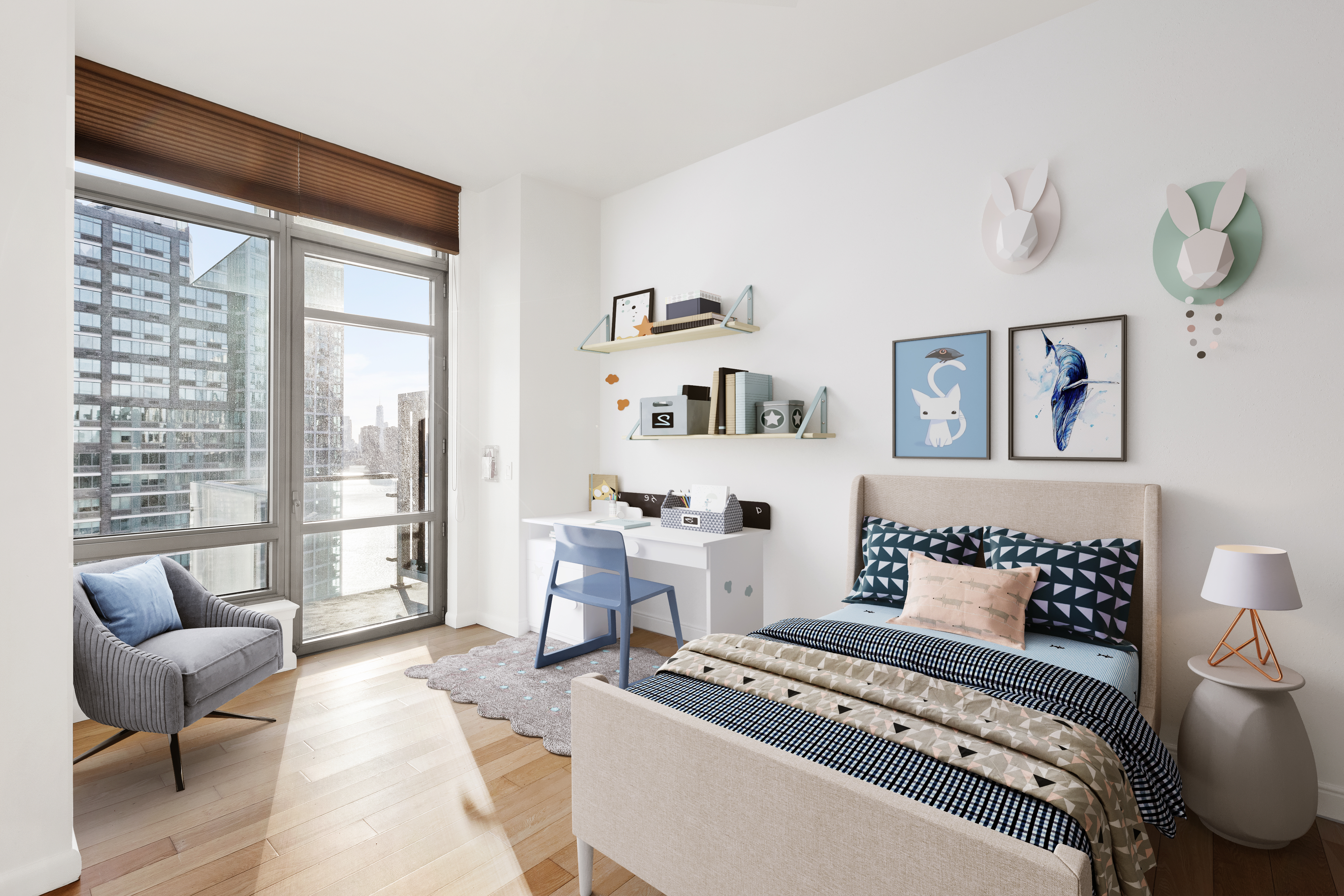 46-30 Center Boulevard, Unit PH8 Queens, NY 11109 - Photo 16 of 32 a bedroom with furniture and a large window