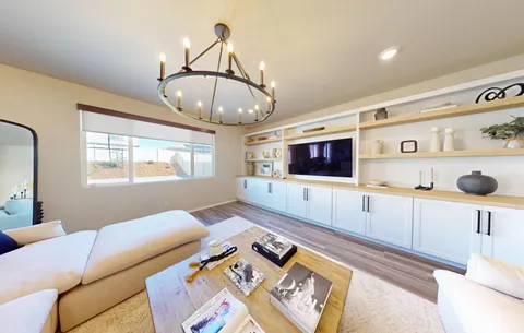 a dining room with wooden floor