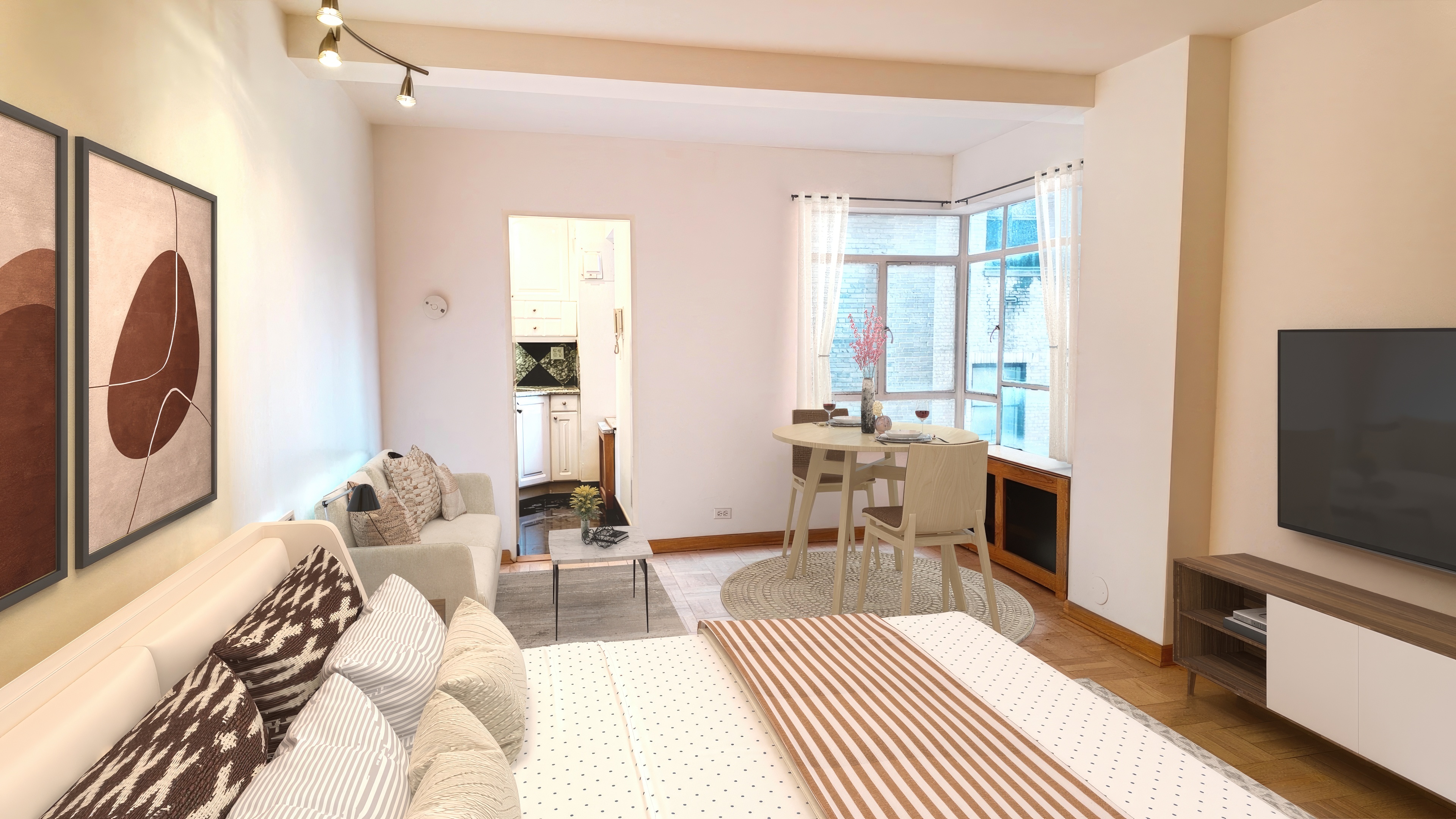 750 Park Avenue, Unit 8D Manhattan, NY 10021 - Photo 5 of 14 a living room with furniture a flat screen tv and a fireplace