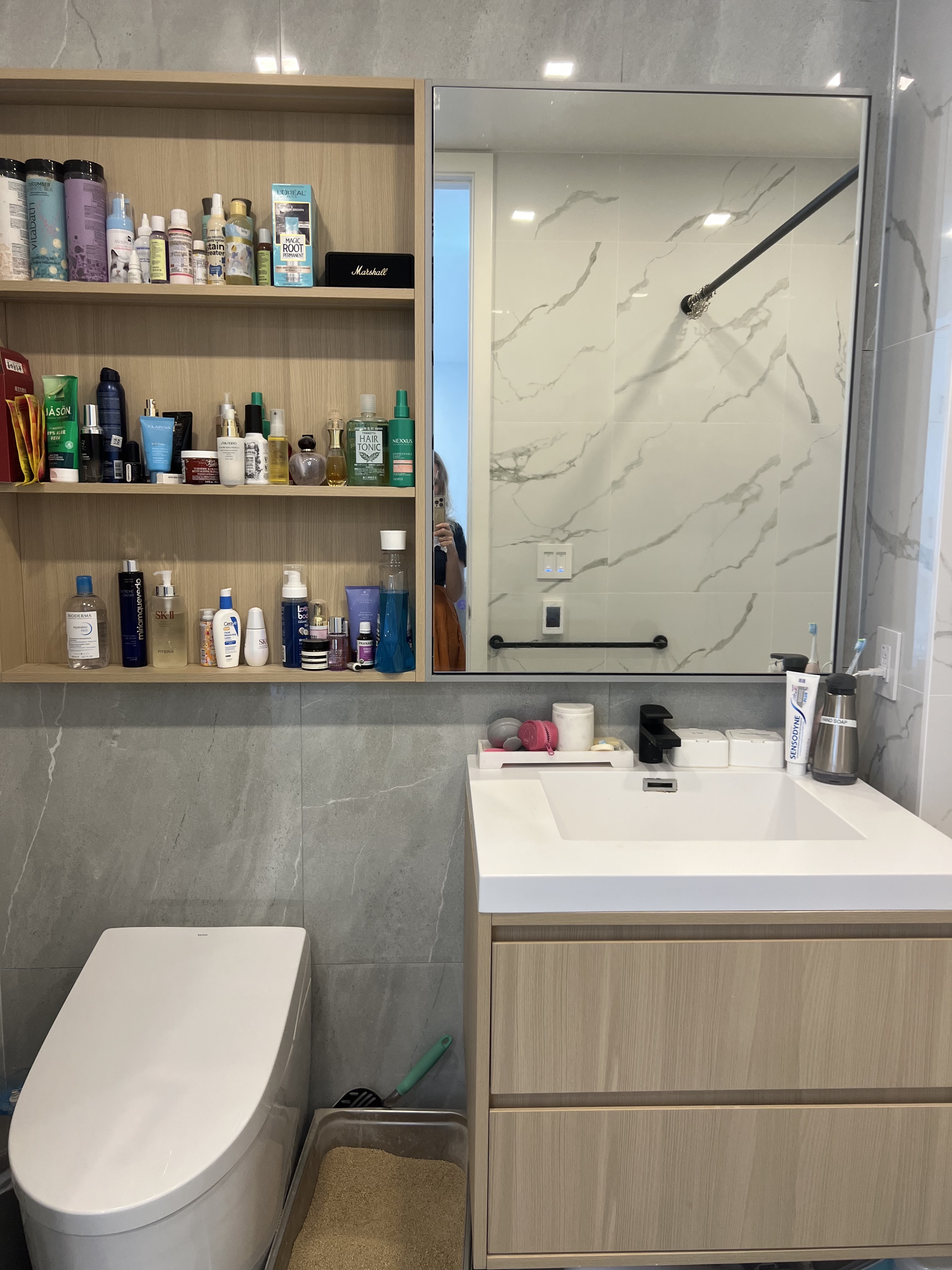 37-34 33rd Street, Unit 7H Queens, NY 11101 - Photo 7 of 18 a bathroom with a sink a toilet and a mirror