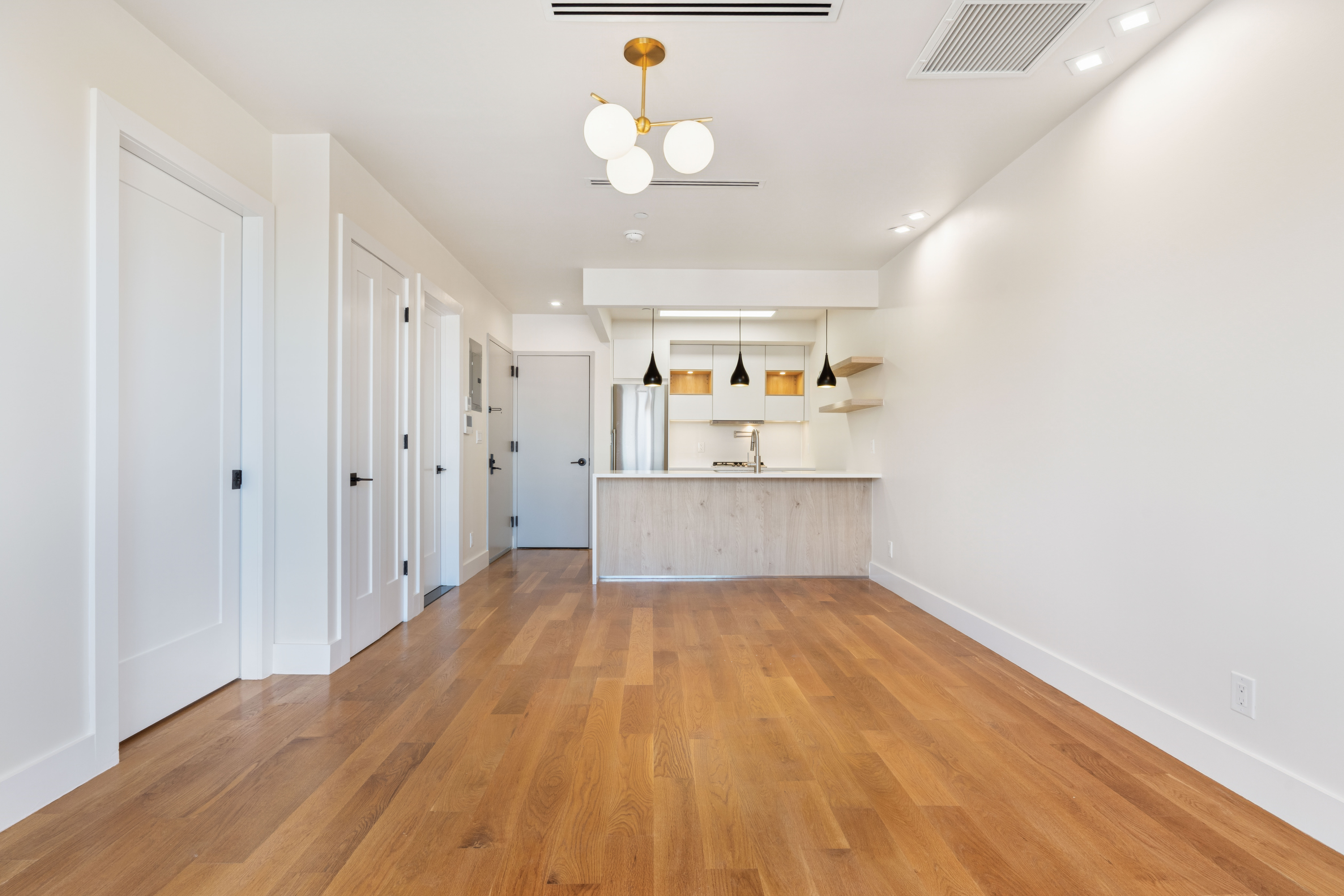 77 Kingsland Avenue, Unit 4F Brooklyn, NY 11211 - Photo 5 of 14 a view of a kitchen with wooden floor and a ceiling fan