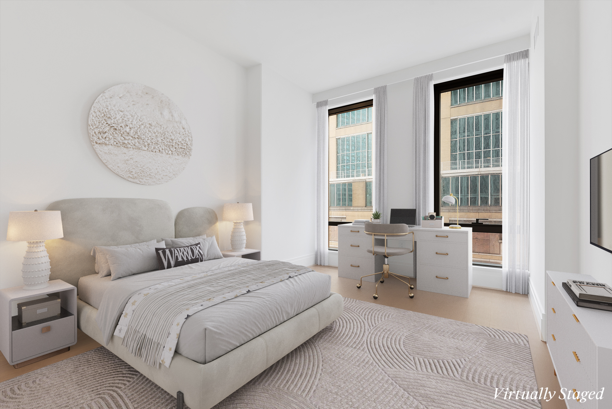 50 West 66th Street, Unit 7B Manhattan, NY 10023 - Photo 12 of 24 a bedroom with a large bed and a chandelier