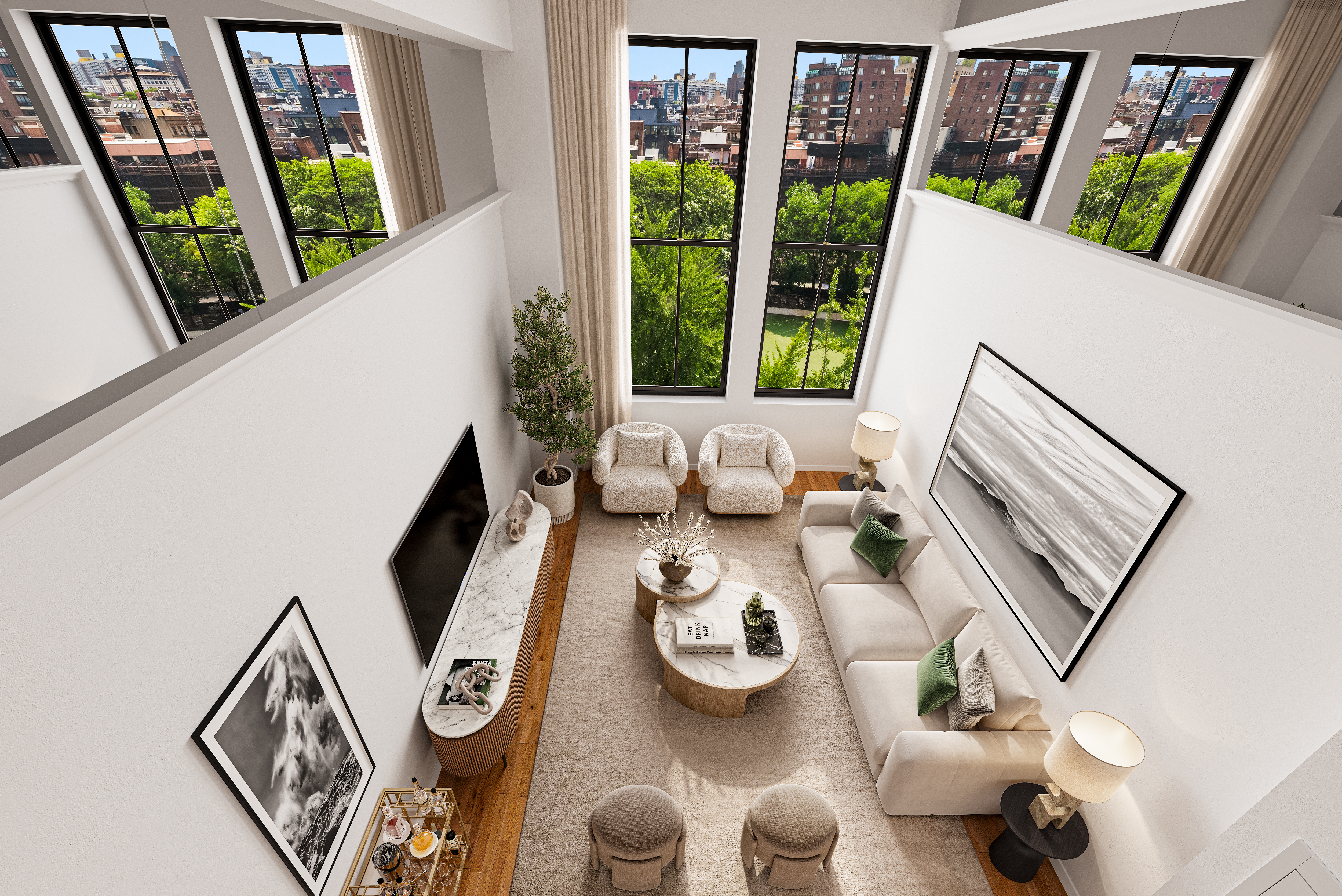 a view of a dining room with furniture wooden floor and fan