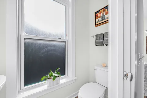 a bathroom with a toilet and a potted plant