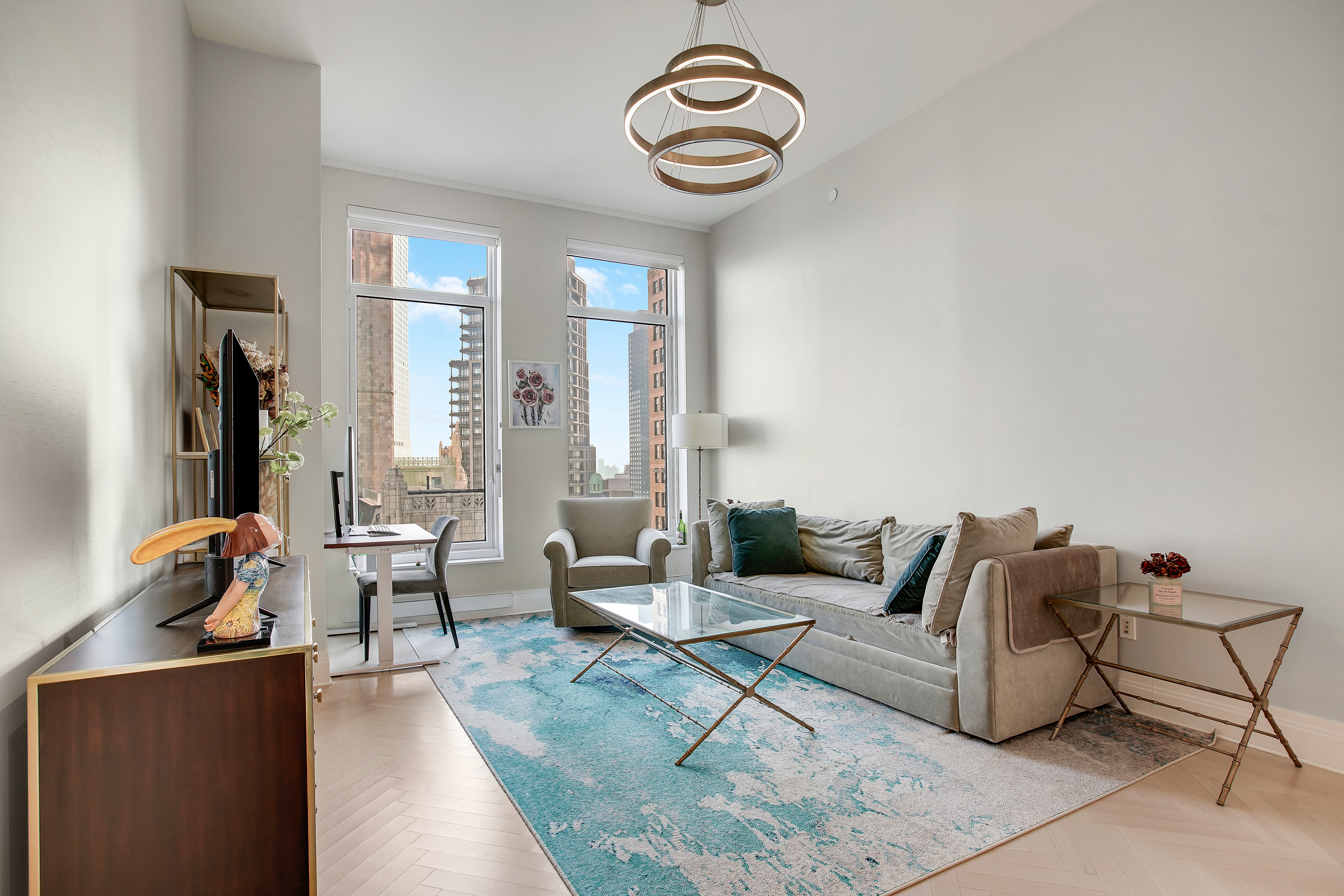 30 Park Place, Unit 46C Manhattan, NY 10007 - Photo 2 of 20 a living room with furniture and floor to ceiling window