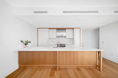 a room with a wooden floor and potted plant