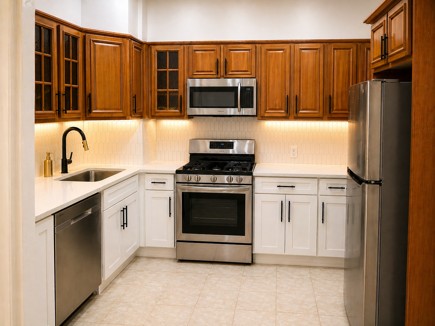 a kitchen with granite countertop a stove top oven and sink