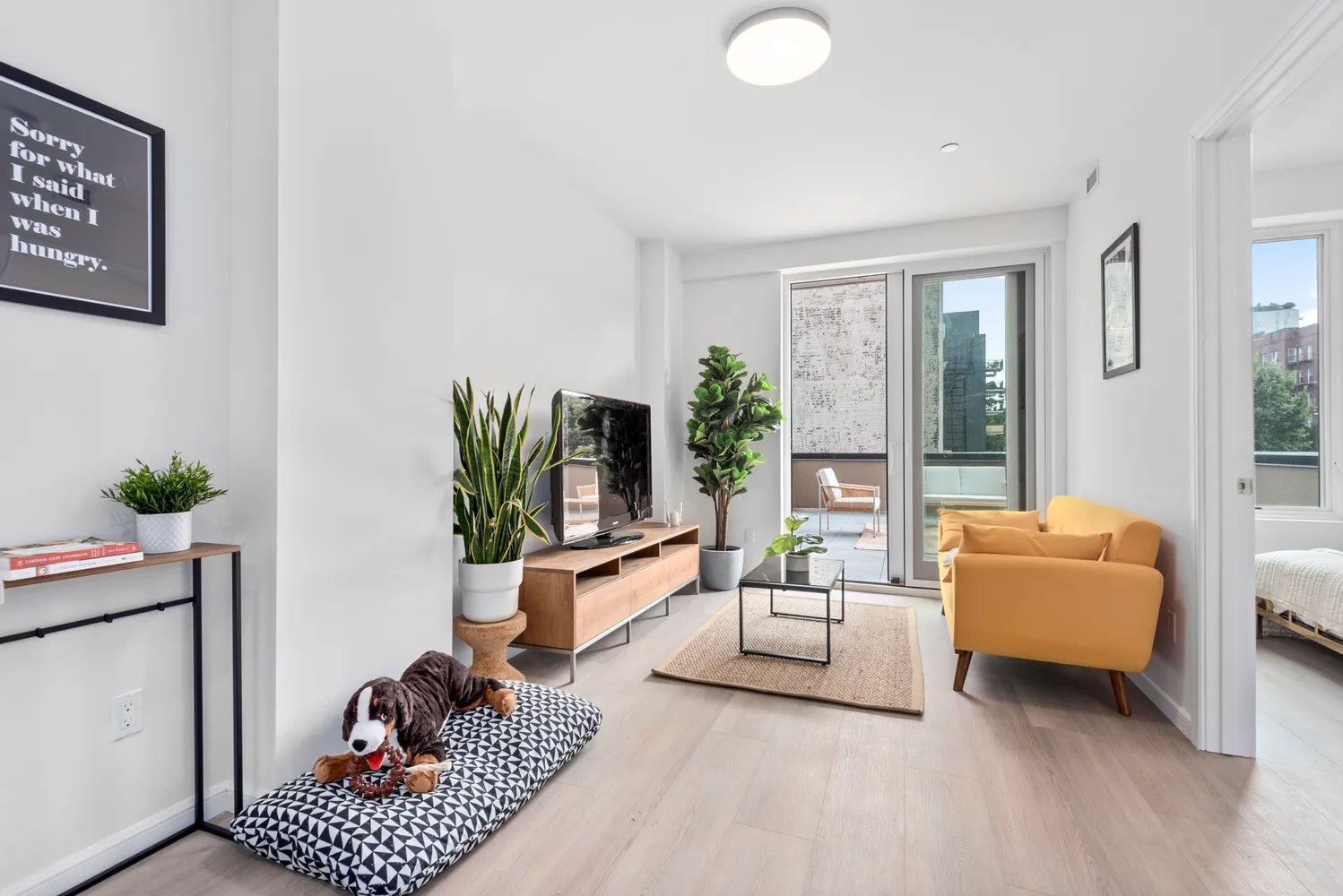 a living room with furniture lamp and a potted plant