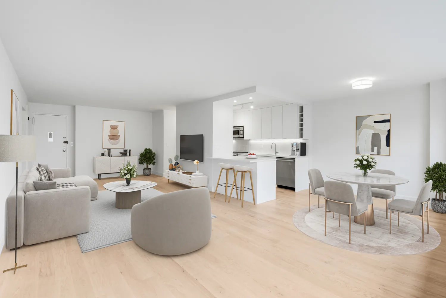 a living room with furniture and view of kitchen