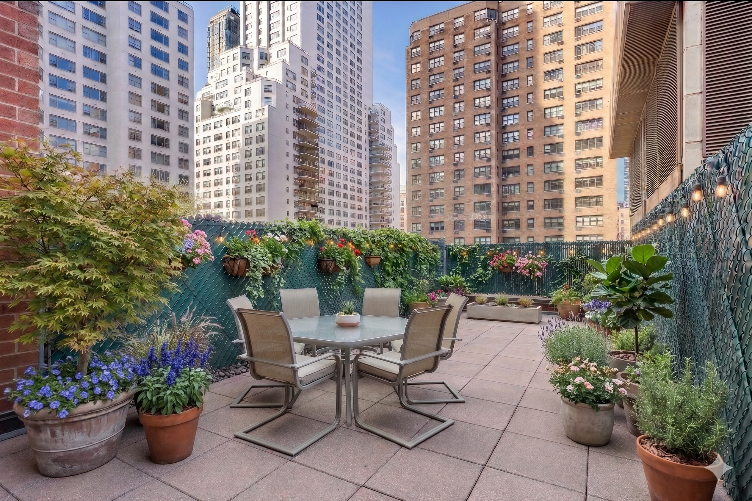 a view of a patio with a chairs and plants