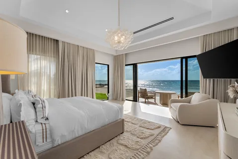 a spacious bedroom with a large bed and a large window
