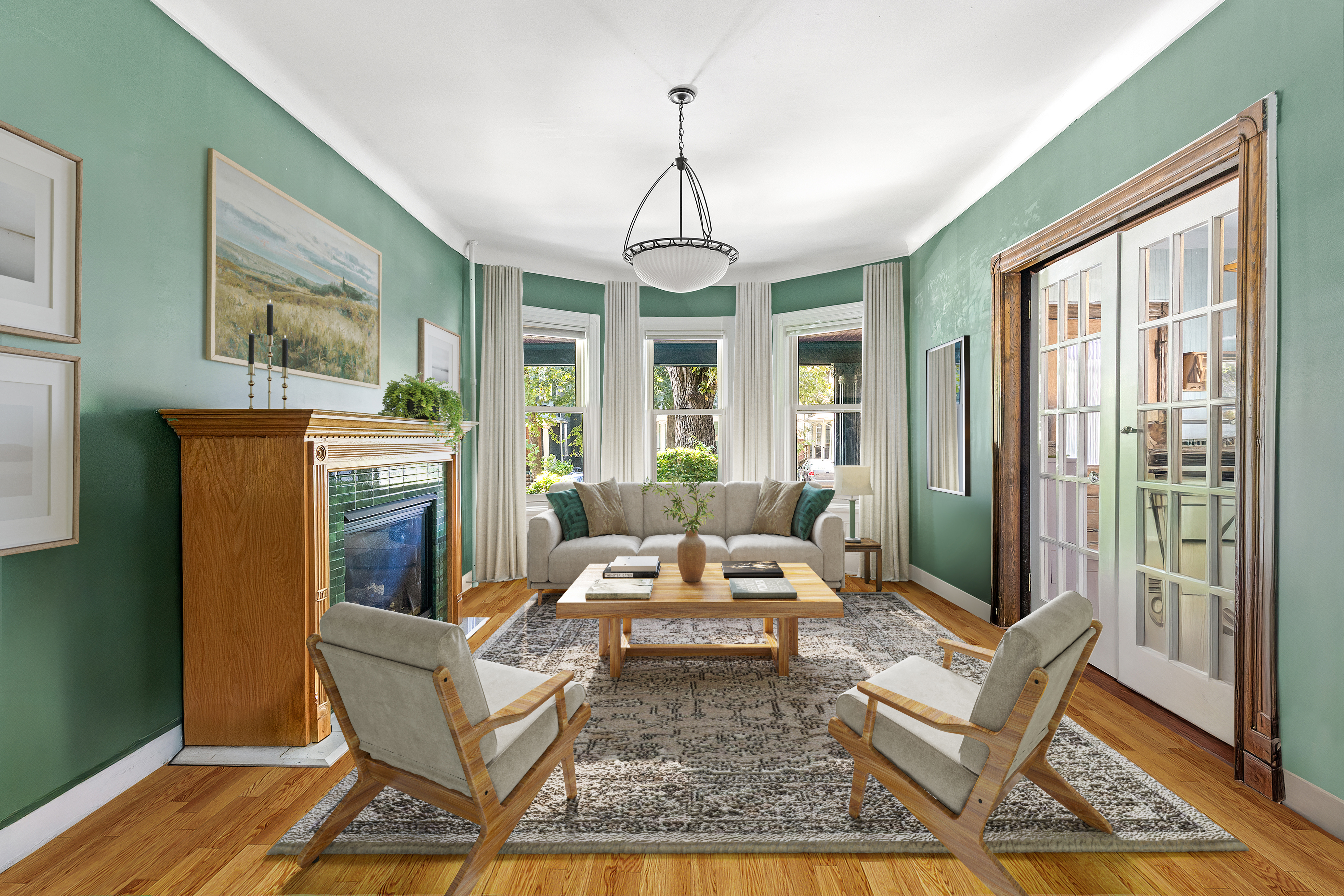 a living room with fireplace furniture and a window
