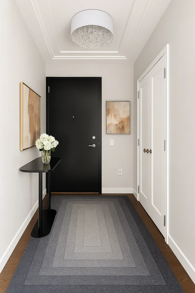 a view of a hallway with wooden floor and a chandelier