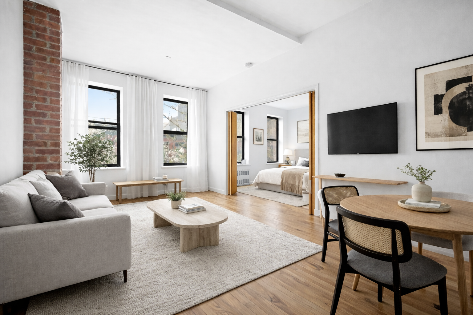 a living room with furniture a flat screen tv and a large window