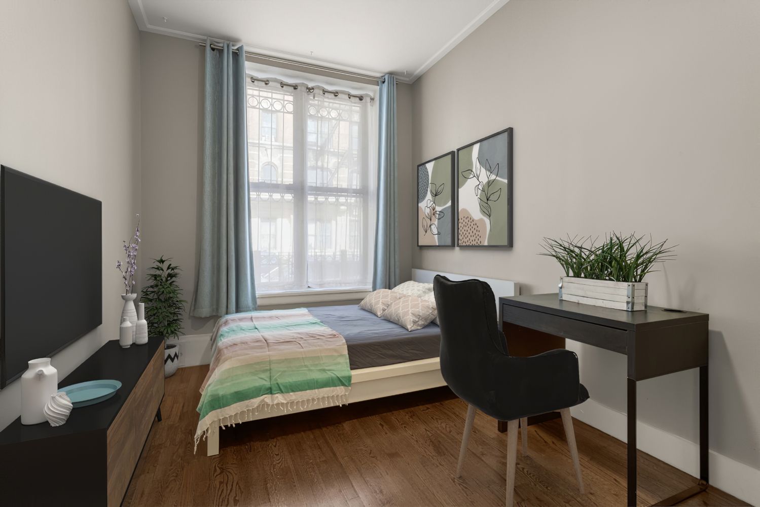 a bedroom with a bed and a chair