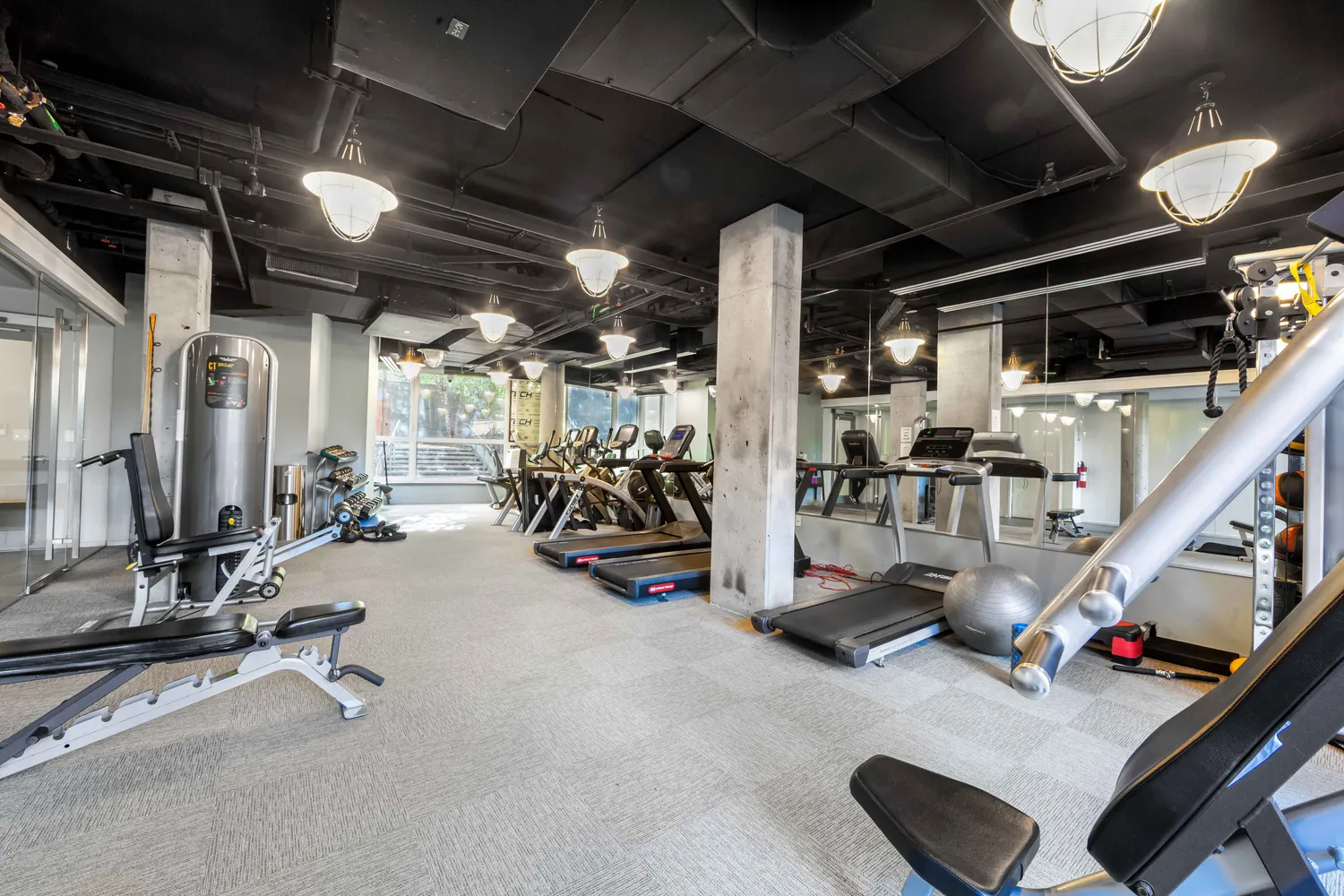 a view of a room with gym equipment