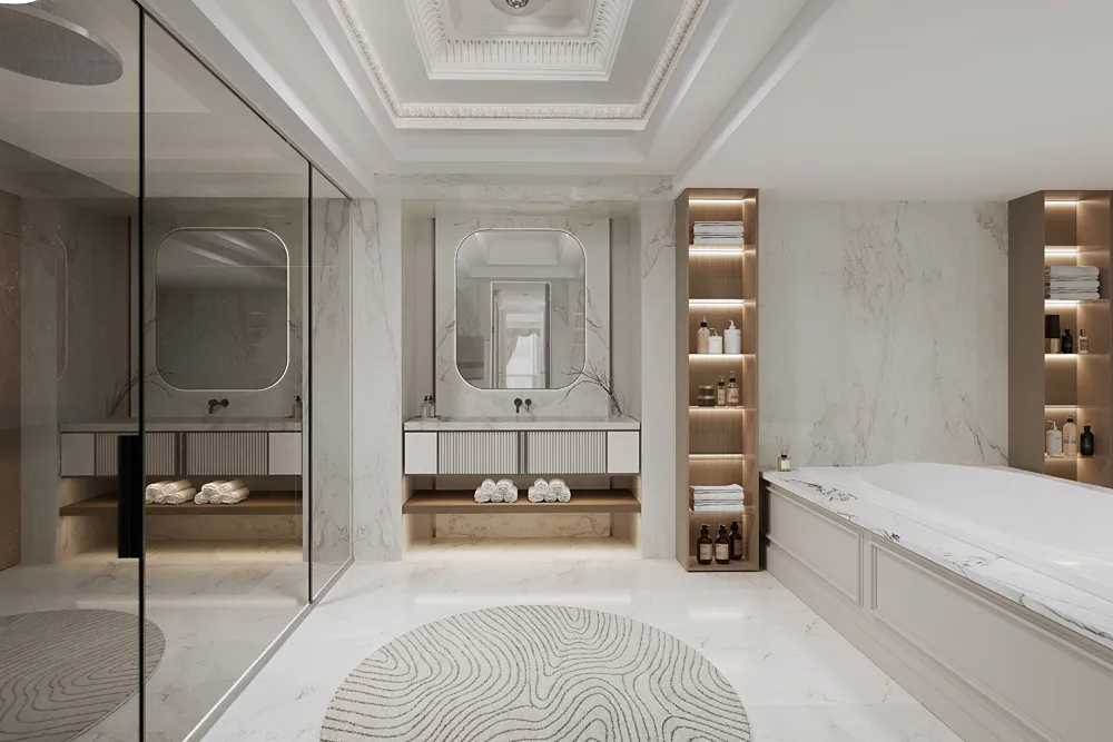 a bathroom with a tub sink and view
