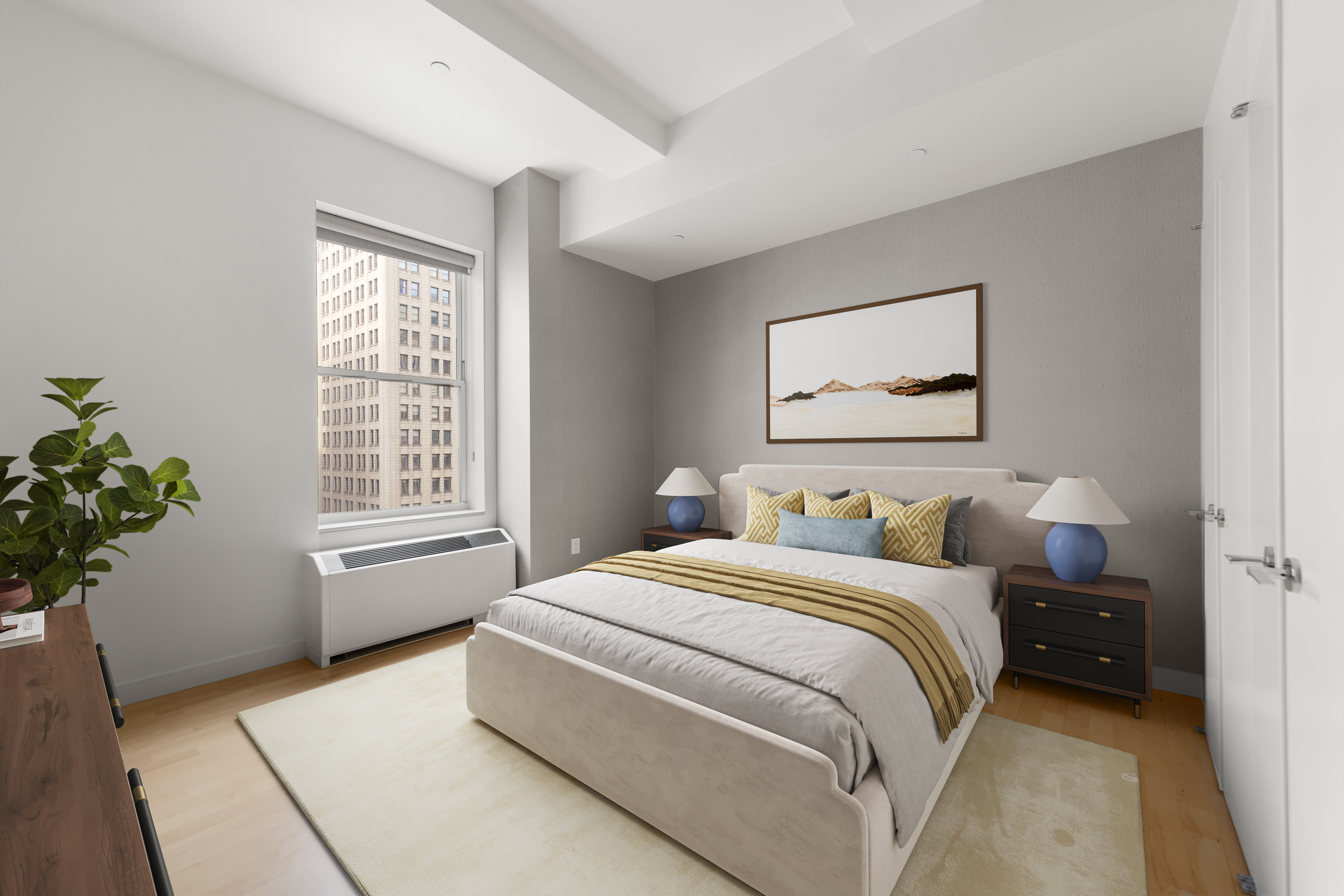 15 Broad Street, Unit 1900 Manhattan, NY 10005 - Photo 11 of 29 a bedroom with a bed potted plant and a window
