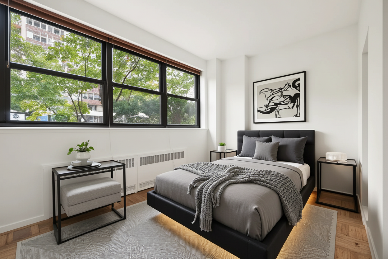 205 West End Avenue, Unit 1E Manhattan, NY 10023 - Photo 2 of 16 a bedroom with a bed and a large window