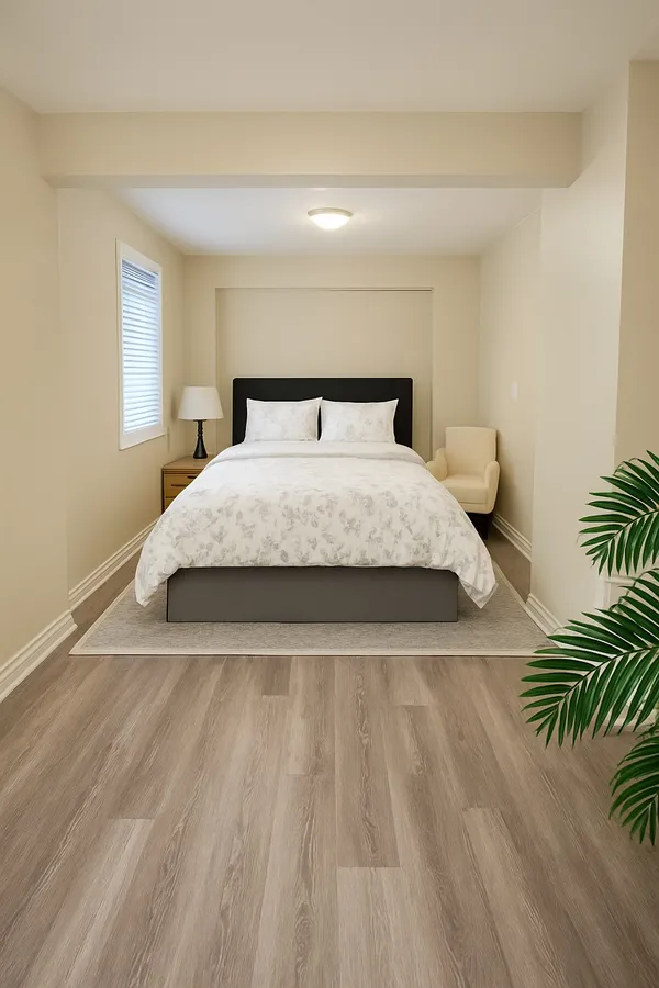 a bedroom with a bed and a large mirror