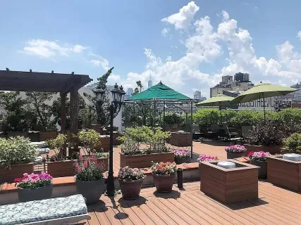 a view of a patio with couches and potted plants