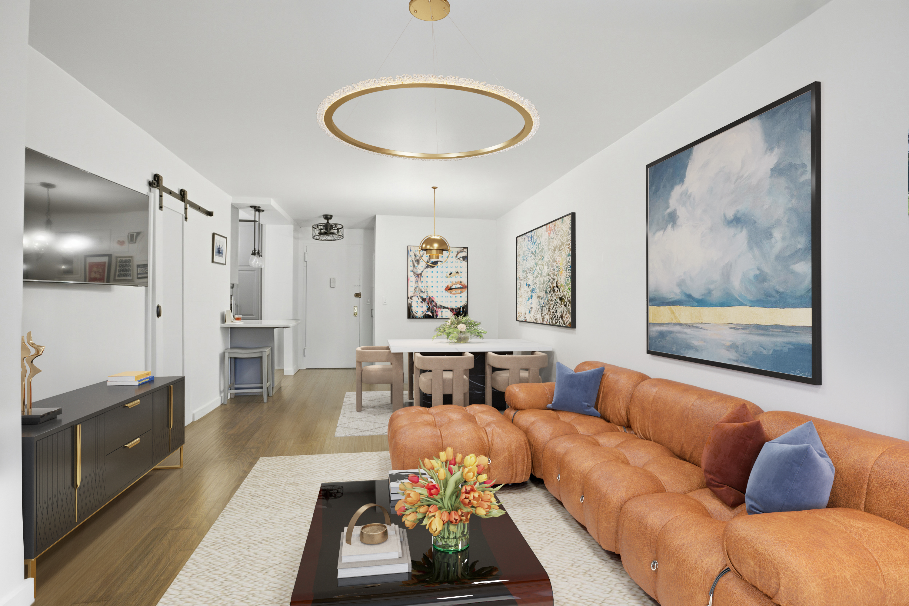 345 East 81st Street, Unit 9D Manhattan, NY 10028 - Photo 2 of 17 a living room with furniture and a flat screen tv