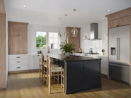 a kitchen with cabinets wooden floor dining table and stainless steel appliances