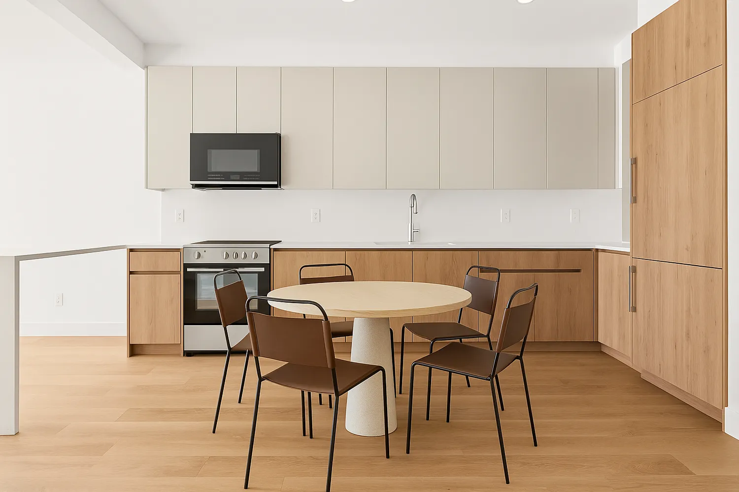 a kitchen with stainless steel appliances a microwave a stove a refrigerator a table and chairs