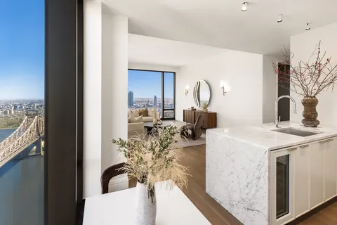 a living room with furniture a potted plant and a kitchen view